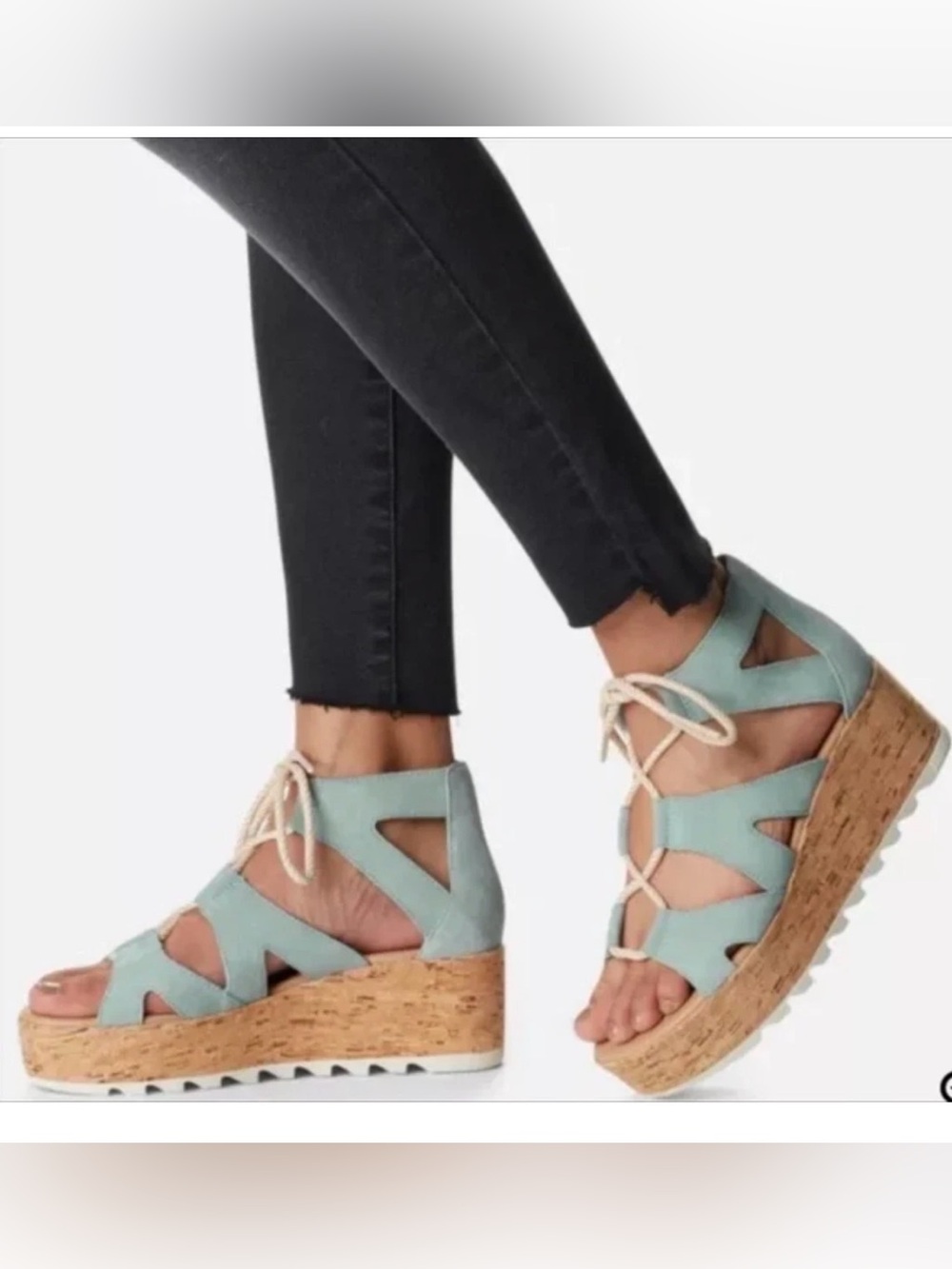 Sorel Gray Lace-Up Wedge Sandals with Wood-Effect Platform color sky  blue